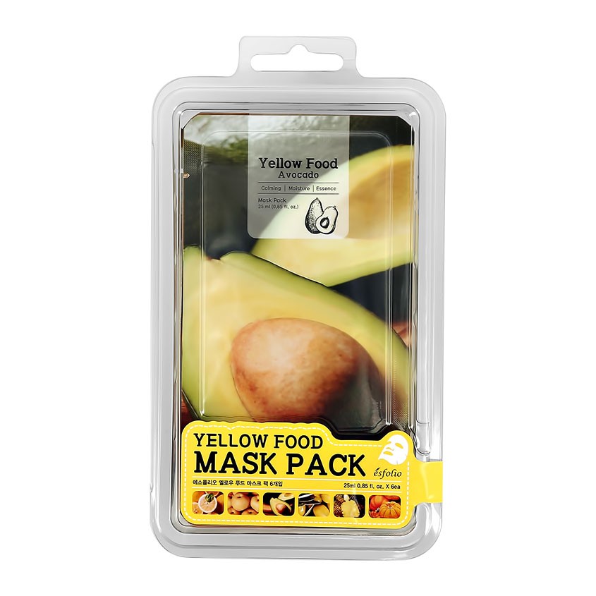 Набор масок для лица `ESFOLIO` YELLOW FOOD (с экстрактами авокадо, груши, лимона, тыквы, ананаса, оливы) 6 шт
