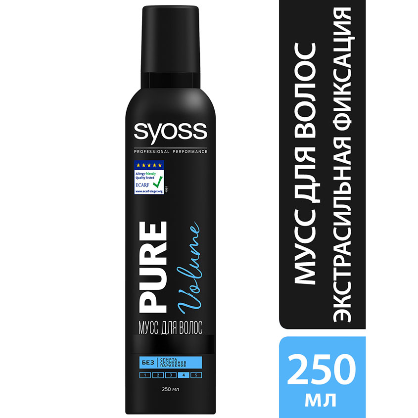 Мусс для укладки волос `SYOSS` PURE без отдушек и силиконов (сверхсильной фиксации) 250 мл