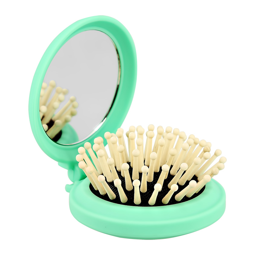 Расческа для волос с зеркалом `LADY PINK` с деревянными зубчиками зеленая