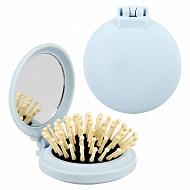 Расческа для волос с зеркалом `LADY PINK` с деревянными зубчиками голубая